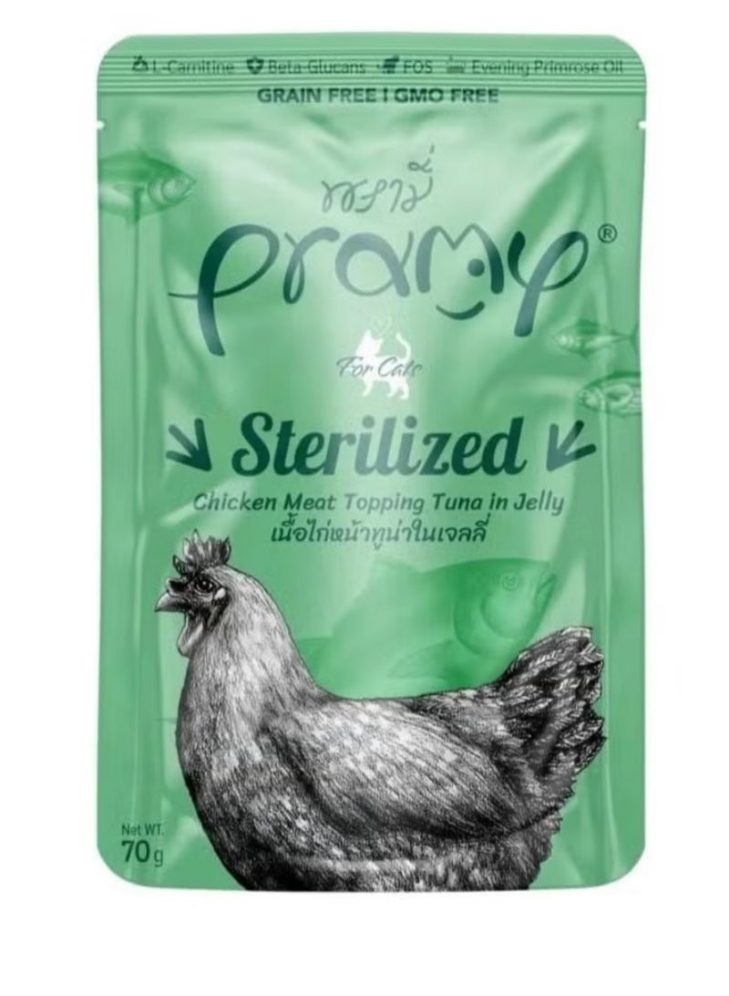 Pramy Wet Cat Food with Chicken and Tuna Jelly Flavor for Sterile Cats - 12 envelopes weighing 70 grams - Special formula for sterile cats - Supports healthy weight and urinary tract health - Image 2